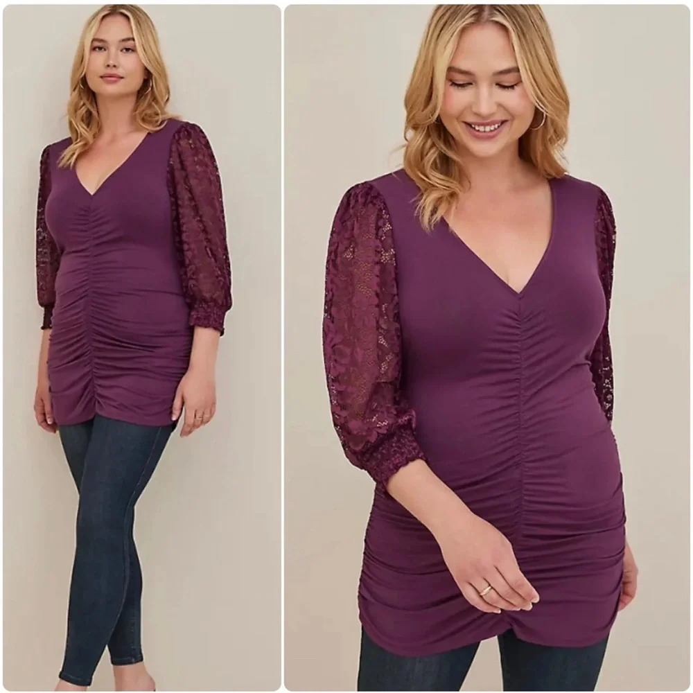 Torrid Lace Sleeve Tunic V-Neck Ruched Front Long Top Plus Size 1 1X 14 16 NWT - Picture 3 of 16